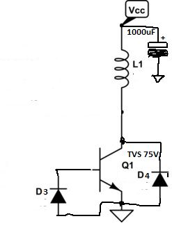 Schemat obwodu elektrycznego z cewką, kondensatorem, tranzystorem i diodami.