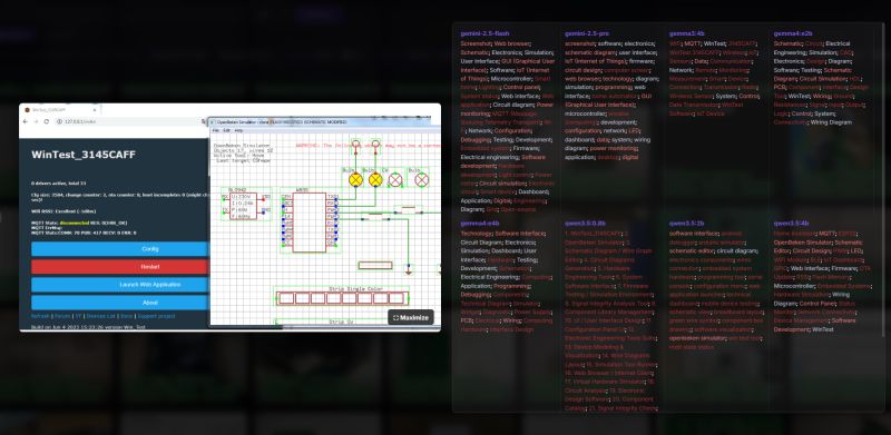 Screenshot UI with a circuit diagram and multiple columns of LLM-generated tags on the right