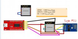 Wiring diagram of ESP‑WROOM‑02 with a USB‑TTL adapter and a Tuya MCU board, using colored jumper wires.