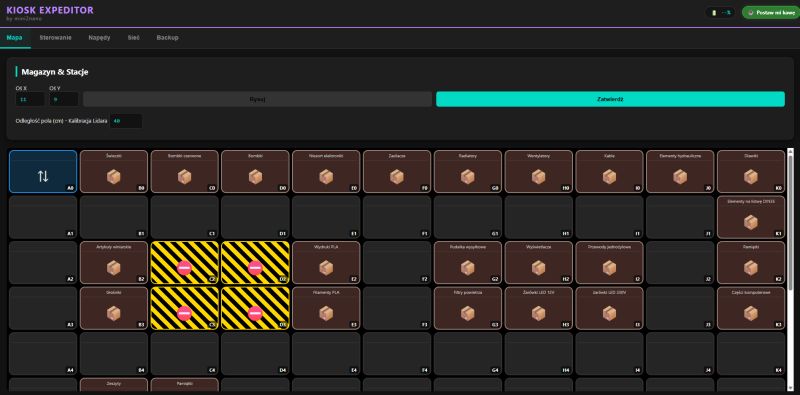 Warehouse map view with a grid of cells, labeled goods positions, and marked obstacles.