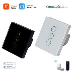 Two touch dimmer switches, black and white, compatible with Tuya, Smart Life, Amazon Alexa, and Google Home.