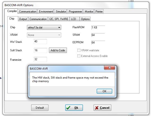 Dlaczego Bascom wyrzuca błąd zbyt małej pamięci? Urządzenie na Attiny13A.