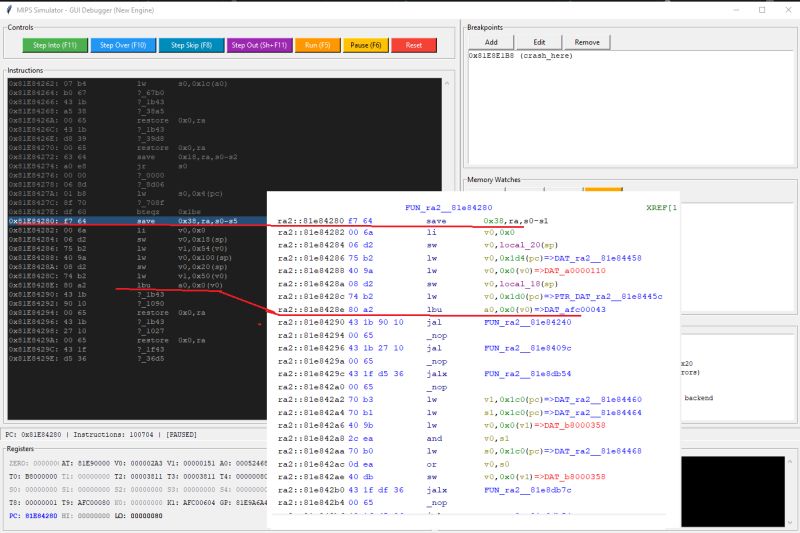 Screenshot of MIPS debugger with highlighted SAVE instruction and disassembled code view