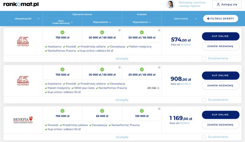 Comparison of insurance offers on rankomat.pl