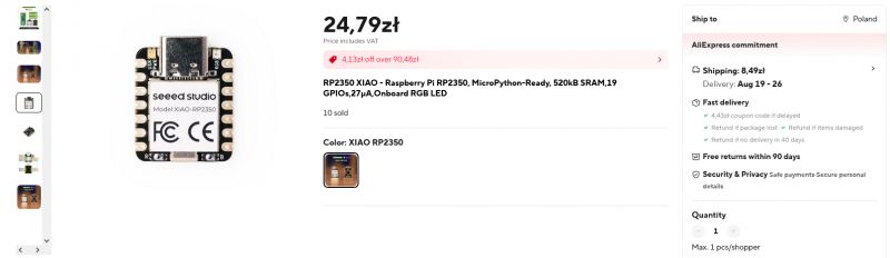 Zrzut ekranu oferty na Aliexpress: moduł Seeed Studio XIAO RP2350.