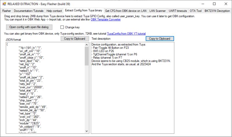 Screenshot of Easy Flasher app showing Tuya device configuration in JSON