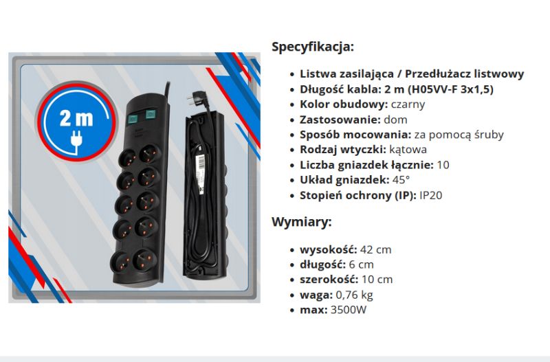 Czarna listwa zasilająca z 10 gniazdkami i 2-metrowym kablem, pokazana z przodu i od spodu.