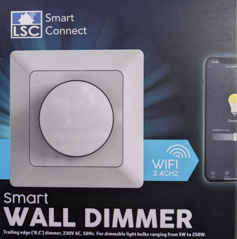 LSC Connect Smart Wall Dimmer Packaging of LSC Connect smart wall dimmer with smartphone app display.