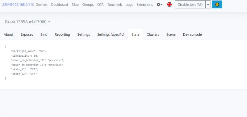 Zigbee Light Switch Settings in Home Assistant Screenshot showing Zigbee light switch settings in the Home Assistant user interface.