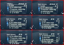 Close-ups of a car driver assistance system screen showing various driver assistance options.