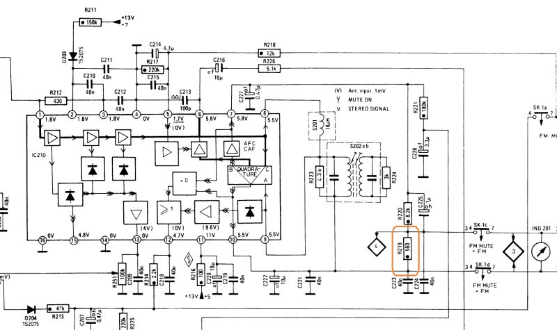 Fragment schematu tunera FM z układem HA1137W i zaznaczonym rezystorem R219 560 Ω