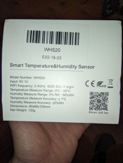 Box of the WHS20 temperature and humidity sensor with printed technical specifications.