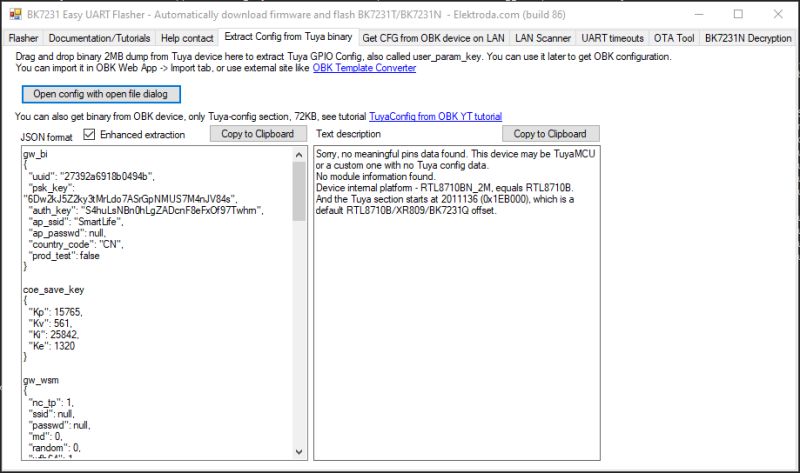 Screenshot of BK7231 Easy UART Flasher showing Tuya JSON config on the left and a text description panel on the right