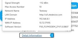 Zrzut ekranu ustawień modemu z informacjami o sieci i sygnale