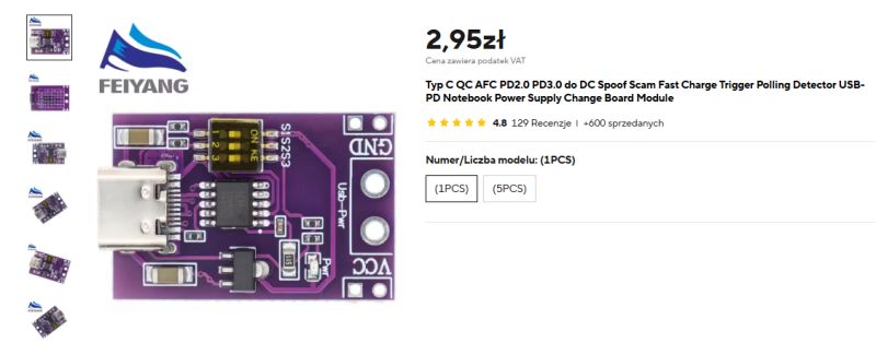 QC/PD USB Type-C trigger module on a purple PCB, featuring a USB-C socket, DIP switches, and power output terminals.