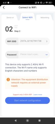 Wi-Fi configuration screen showing SSID input and password field