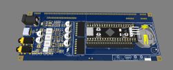 Rendered PCB with USB-C, audio jacks, and STM32 microcontroller module