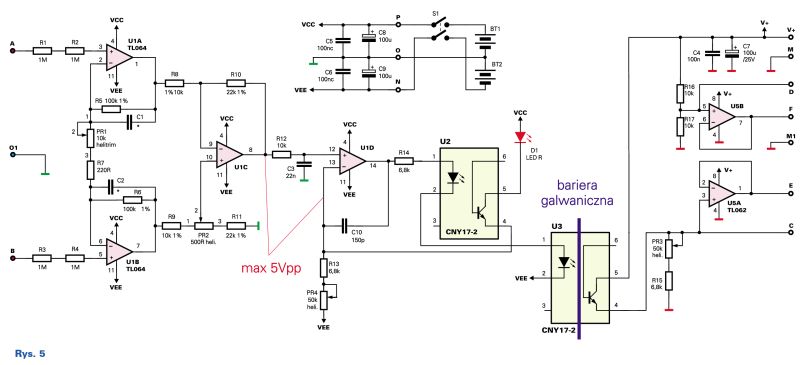 Schemat elektryczny wzmacniacza sygnału EKG z izolacją galwaniczną.