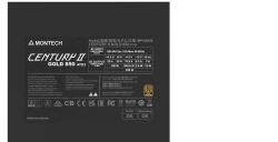 Etykieta zasilacza MONTECH CENTURY II GOLD 850 ATX3 z tabelą wejścia AC i wyjść DC.