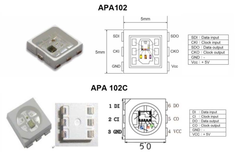 Pinout diagrams and photos of APA102 and APA102C LED packages, both 5×5 mm