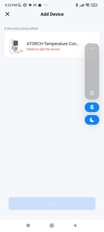 Error Adding ATORCH-Temperature Controller Device App screen showing error in adding ATORCH-Temperature Controller device.