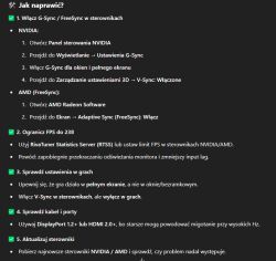 Lista kroków z poradami dotyczącymi naprawy migotania ekranu w grach na monitorze 240 Hz, z wyróżnionymi punktami i opisami.