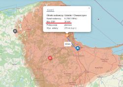 Mapa z zasięgiem nadajnika telewizyjnego z Gdańska