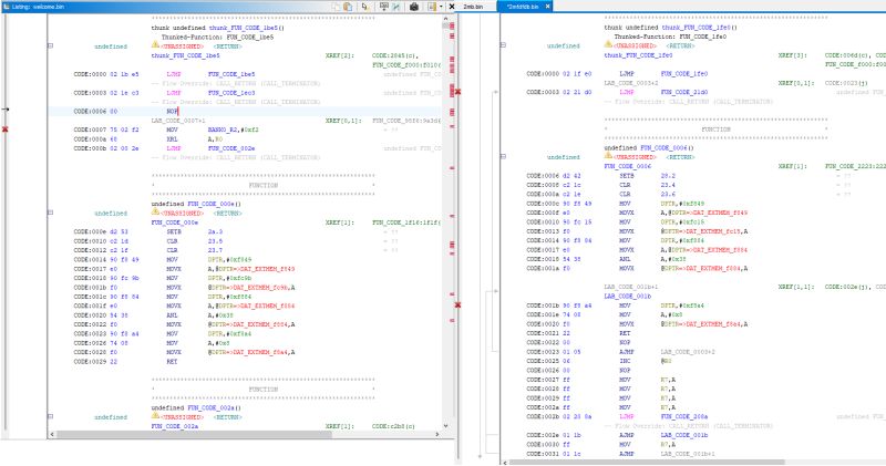 Side-by-side assembly code comparison in Ghidra; left and right show 8051 firmware