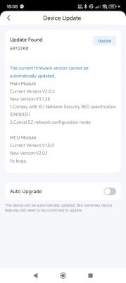 Device software update screen indicating new versions for the main module and MCU module.