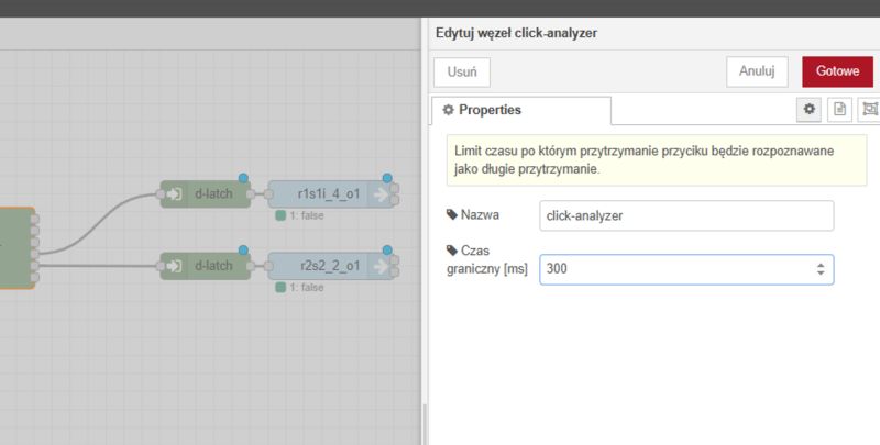 Editing the click-analyzer node in a visual editor Screenshot of a visual editor with the click-analyzer node properties window open.