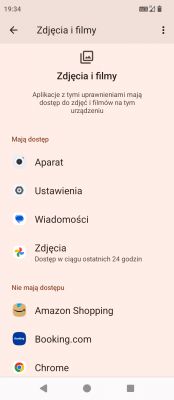 Zrzut ekranu z ustawień telefonu pokazujący dostęp aplikacji do zdjęć i filmów.