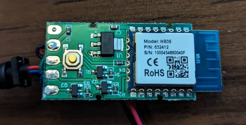 Electronic module with WB3S chip showing CE and RoHS markings.
