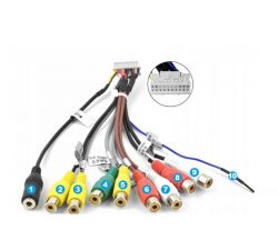 Zestaw kabli RCA z różnokolorowymi wtyczkami do podłączenia radia Android w Hyundai IX35.