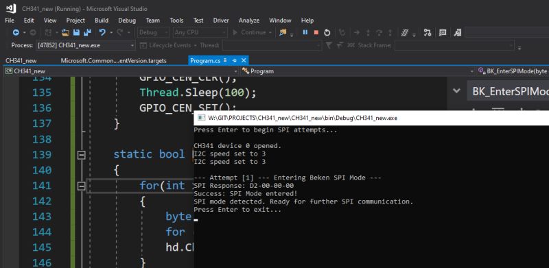 Visual Studio with C# code running and console showing SPI mode messages