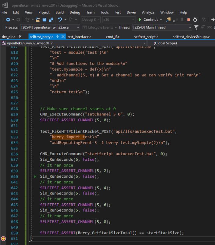 Screenshot showing source code in Visual Studio, focused on testing berry import module integration.
