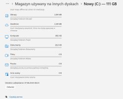 Widok zużycia magazynu na dysku C według kategorii: Obrazy, OneDrive, Dokumenty i inne