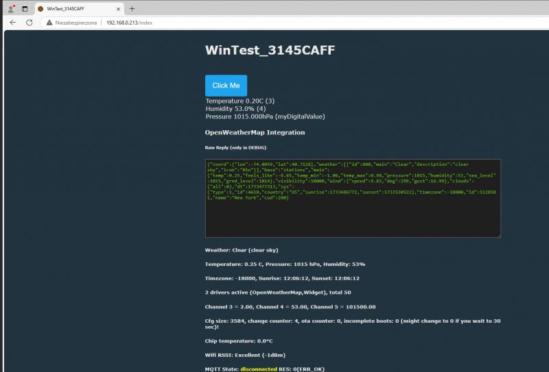 Webpage displaying OpenWeatherMap integration test results.