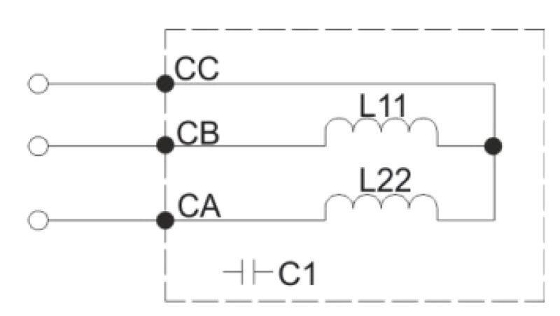 Schemat elektryczny z dwiema cewkami L11, L22 i kondensatorem C1, oznaczony zaciskami CA, CB, CC.
