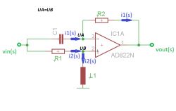 Schemat układu elektrycznego z opornikiem, kondensatorem i wzmacniaczem operacyjnym AD822N.