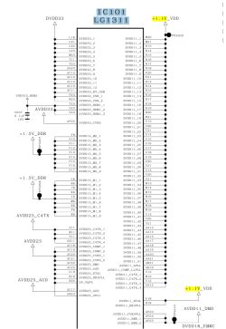 Schemat układu IC101 LG1311 z liniami zasilania DVDD33 i +1,1V_VDD oraz licznymi pinami.