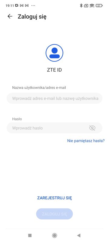 Ekran logowania ZTE ID z polami do wpisania adresu e-mail i hasła