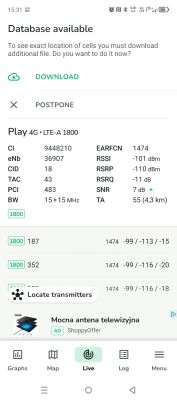 Zrzut ekranu z aplikacji NetMonster pokazujący parametry sieci LTE-A 1800 dla operatora Play