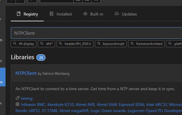 PlatformIO user interface with a search for the NTPClient library.