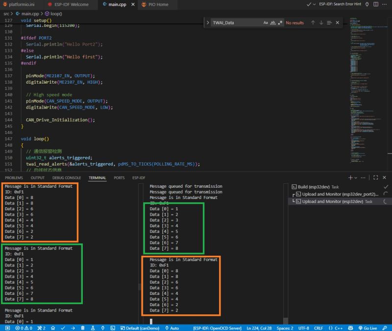 Okno Visual Studio Code z kodem i wynikami transmisji CAN z dwóch urządzeń ESP32