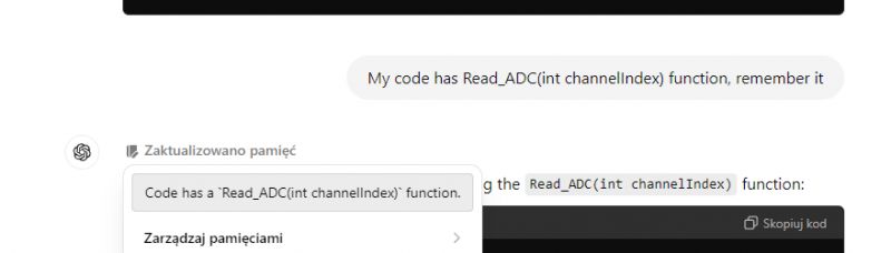 ChatGPT zapamiętuje funkcję Read_ADC w kodzie użytkownika