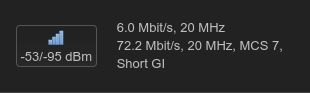 Wi-Fi signal parameters: signal strength -53/-95 dBm, speeds 6.0 Mbit/s and 72.2 Mbit/s at 20 MHz band, MCS 7, Short GI.