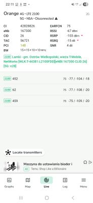 Zrzut ekranu z aplikacji sieciowej pokazujący parametry sygnału LTE 2100 Orange