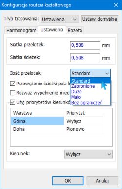 Zrzut ekranu okna konfiguracji routera kształtowego w programie DipTrace z rozwiniętą listą wyboru ilości przelotek.