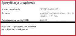 Zrzut ekranu specyfikacji laptopa