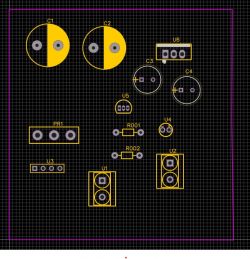 Projekt płytki PCB w EasyEDA z różnymi komponentami elektronicznymi na siatce.